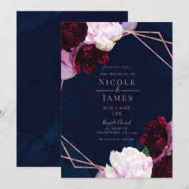 Convite Rosa Dourada Azul Naval Floral Casamento Glam Mode