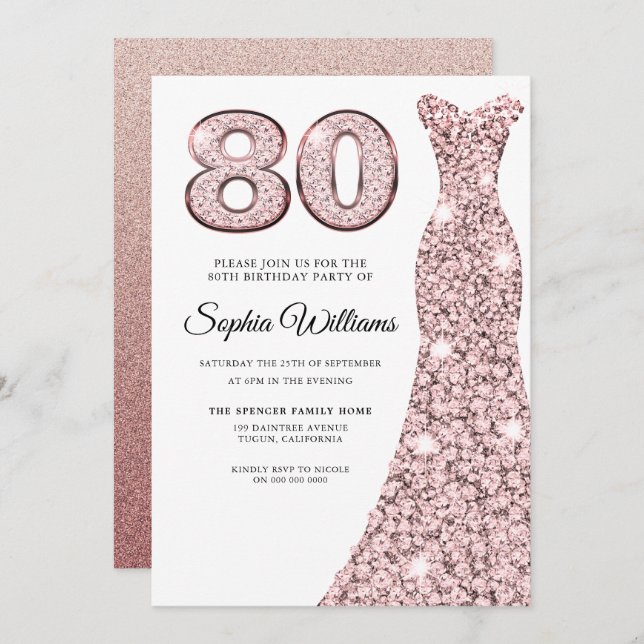 Convite Rosa Dourada Blush Dress Womans 80 Festa de aniver (Frente/Verso)