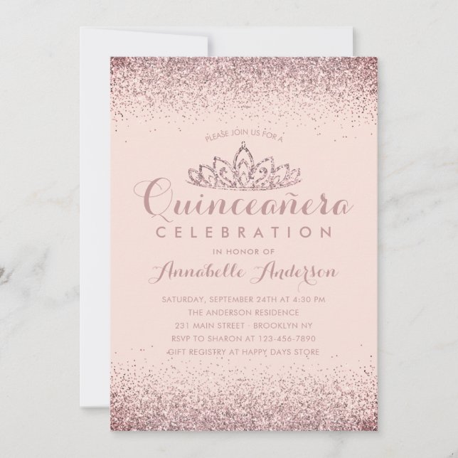 Convite Rosa Dourada Blush Quinceañera Dourada Tiara Glitt (Frente)