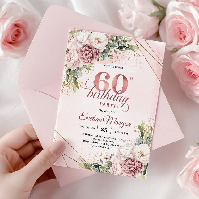Convite Rosa Dourada Boêmia Flora 60º Aniversário (Bohemian Rose Gold Floral Greenery 60th Birthday)