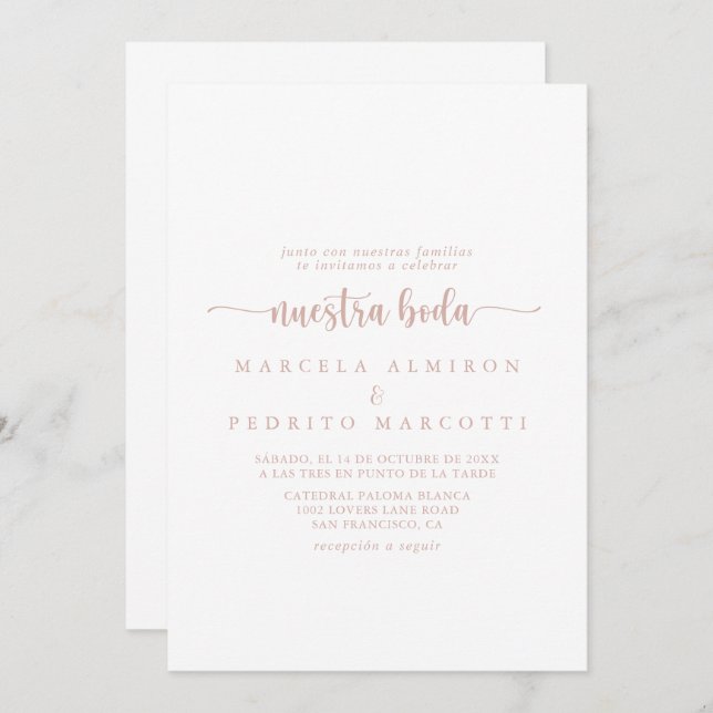 Convite Rosa Dourada Calliografia Nuestra Boda Wedding (Frente/Verso)
