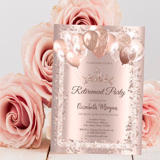 Convite Rosa Dourada da Litter Frame Crown Balloons Retira (Criador carregado)