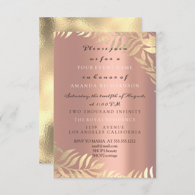 Convite Rosa Dourada da Selva Ouro Elegante Aniversário de (Frente/Verso)