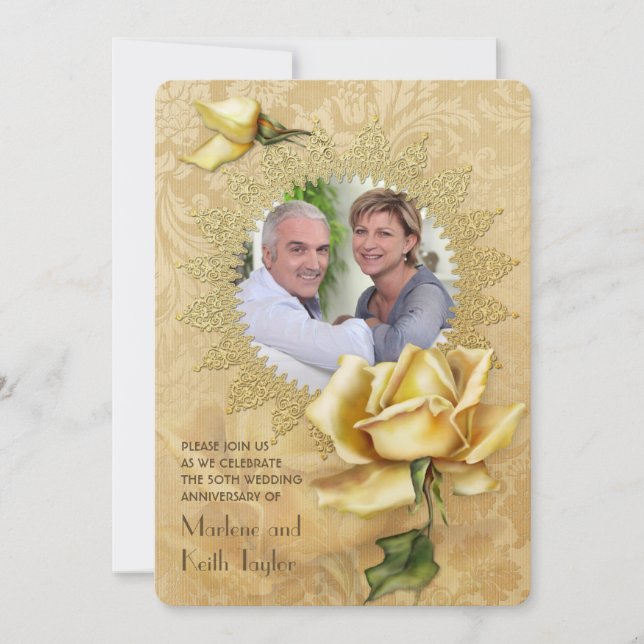 Convite Rosa Dourada Damask 50º Aniversário de Casamento (Frente)
