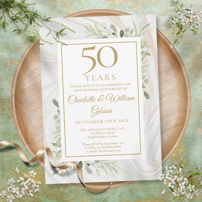 Convite Rosa Dourada do 50º Aniversário de Bodas Mármore F (50th Gold Anniversary Rose Gold Marble Greenery Invitation)