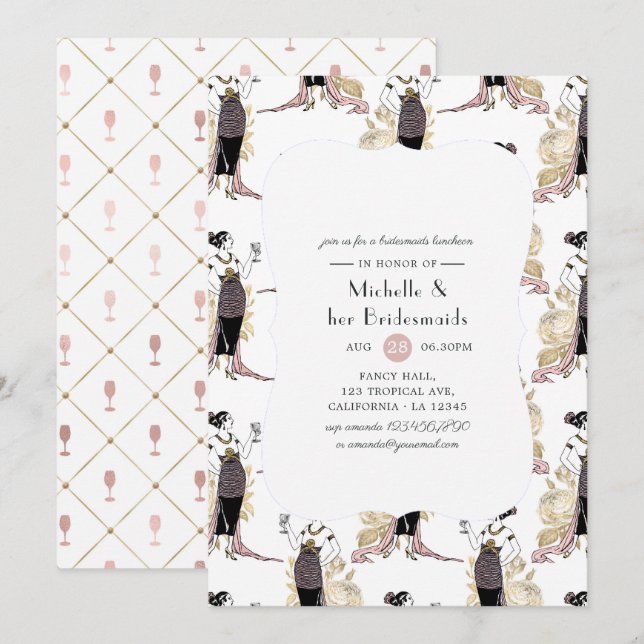 Convite Rosa Dourada e Blush Wine Bridesmaids Luncheids (Frente/Verso)