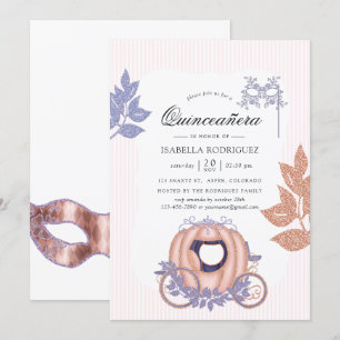 Convite Rosa Dourada e Lilac Glitter Princesa Quinceañera