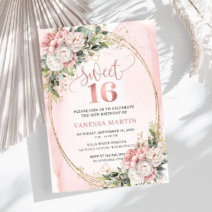 Convite Rosa Dourada Elegante Flora Verdejante Sweet Sixte