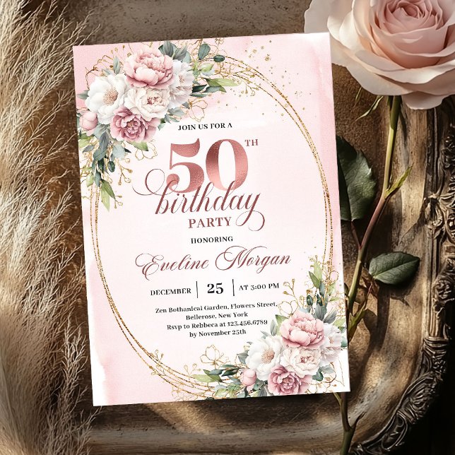 Convite Rosa Dourada em Flor Eucalipto Aniversário de 50 a (Blooming Rose Gold Eucalyptus 50th Birthday Party Invite

)