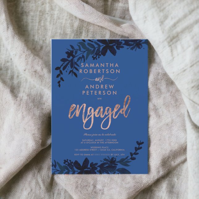 Convite Rosa dourada festa de noivado azul floral (Rose gold typography Floral blue engagement party Invitation)