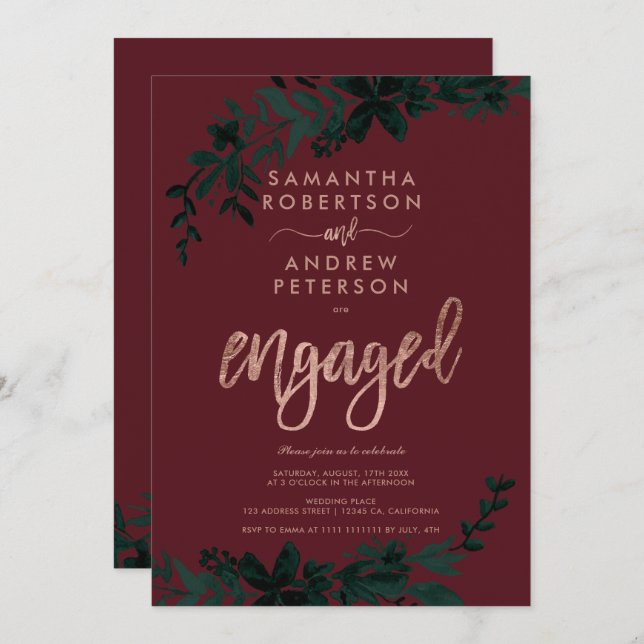 Convite Rosa dourada festa de noivado vermelha (Frente/Verso)