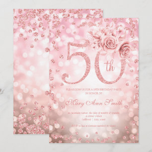 Convite Rosa Dourada Floral 50ª Luzes de Verão de Aniversá