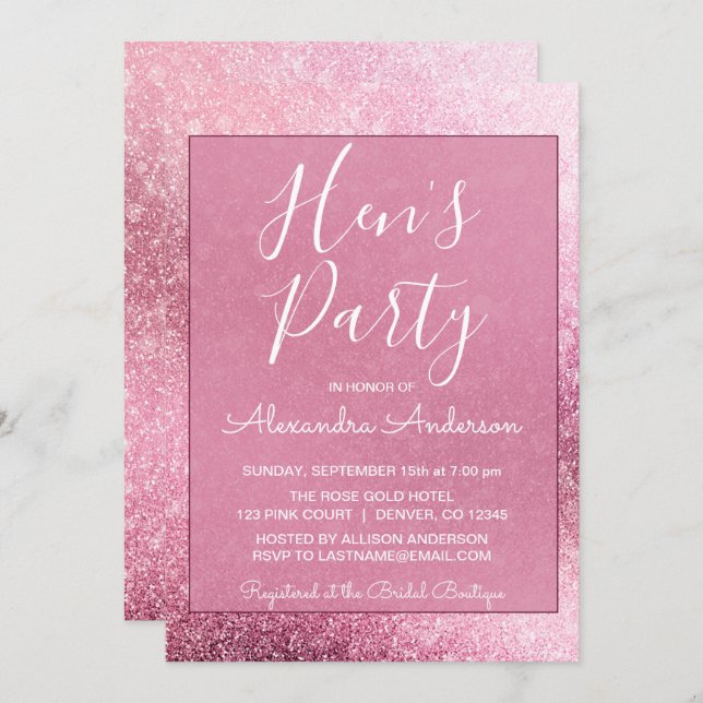 Convite Rosa Dourada Girly Glitter Sparkle Hen Party (Frente/Verso)
