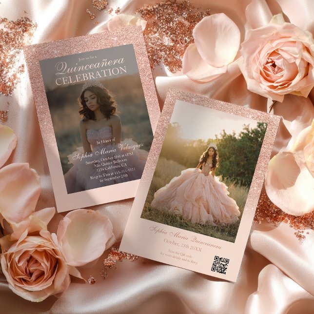 Convite Rosa Dourada Glitter 2 fotos Qr blush Quinceañera (Rose Gold Glitter 2 photos Qr blush Quinceañera Invitation)