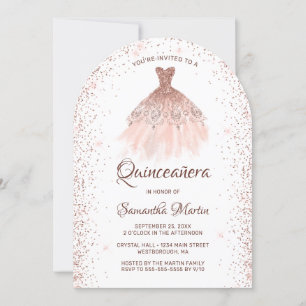 Convite Rosa Dourada Glitter Dress Quinceañera Party Convi