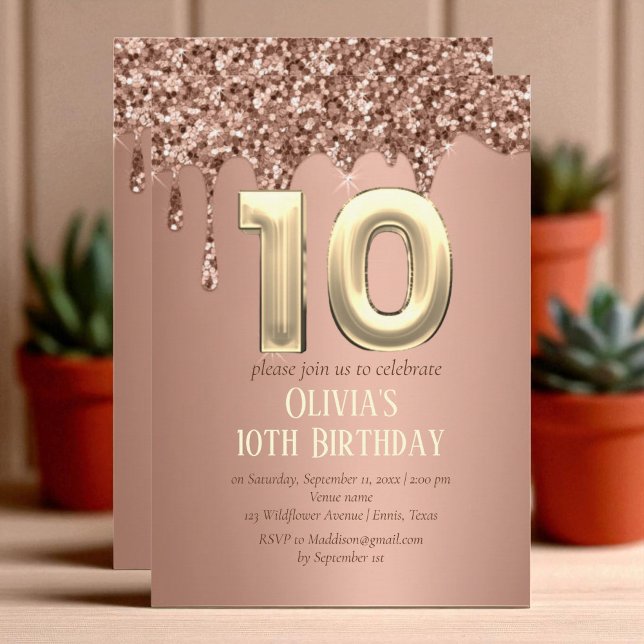 Convite Rosa Dourada Glitter Drip Girl 10th Birthday (Criador carregado)