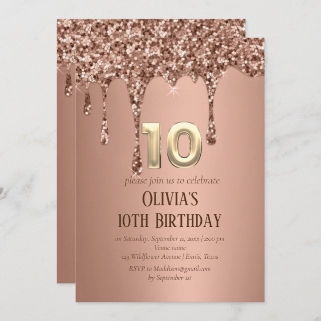 Convite Rosa Dourada Glitter Drip Girl 10th Birthday (Frente/Verso)