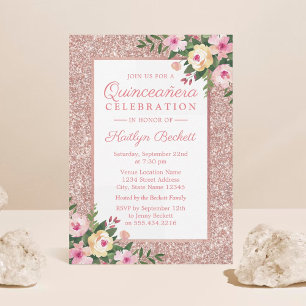Convite Rosa Dourada Glitter Floral Quinceañera 15 Anivers