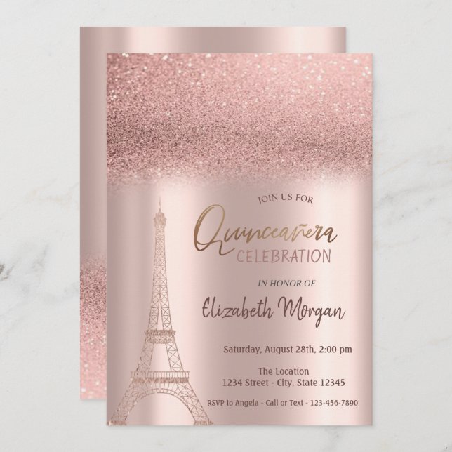 Convite Rosa Dourada Glitter Ombre, Torre Eiffel Quinceane (Frente/Verso)