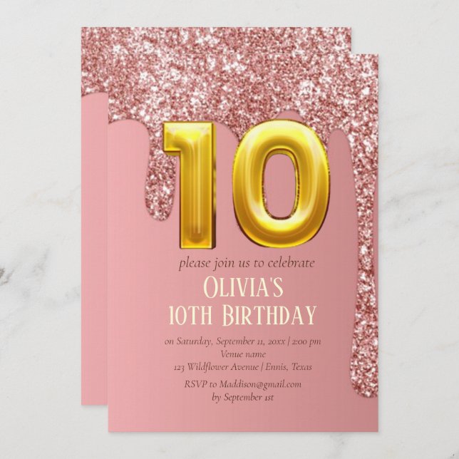 Convite Rosa Dourada Glitter Pink Girl 10th Birthday (Frente/Verso)
