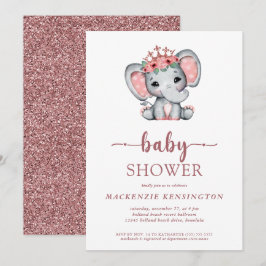 Convite Rosa Dourada Glitter Princesa Elefante Menina