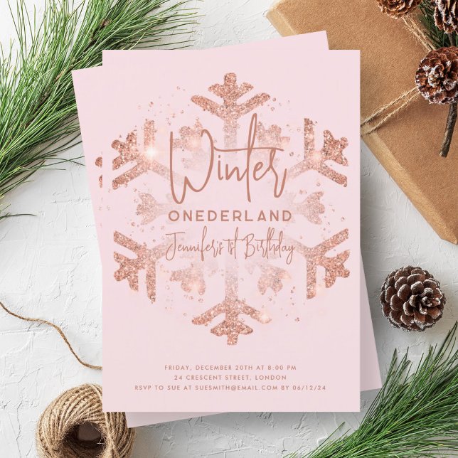 Convite Rosa Dourada Inverno ONEDERLAND primeiro aniversar (Rose Gold Winter ONEDERLAND 1st Birthday Blush Invitation)