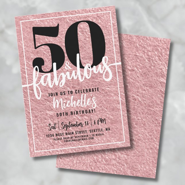 Convite Rosa Dourada Mulher 50ª Festa de aniversário (Rose Gold Fifty Fabulous 50th Birthday Party Invitation)