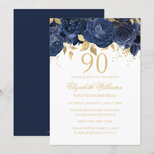 Convite Rosa Dourada Naval Floral Aniversário de 90 anos