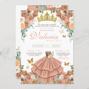 Convite Rosa Dourada Peach Princess Butterfly Quinceanera