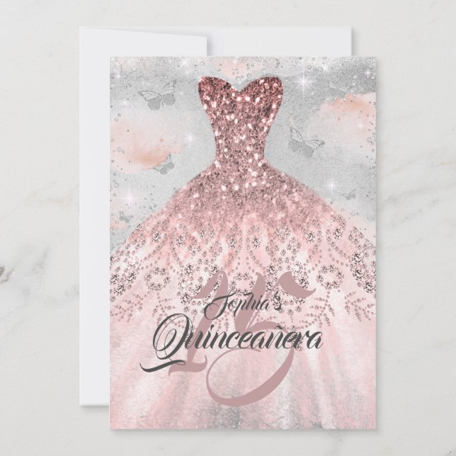 Convite Rosa, Dourada Prata Borboleta Vestida Quinceanera (Verso)