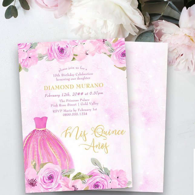 Convite Rosa Dourada Princesa Floral Dress Mis Quince Anos (Mis Quince Invitation from my Galaxy Floral Princess Quinceanera collection)