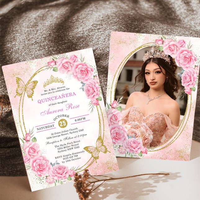 Convite Rosa Dourada Quinceanera Miss Quince 15 Anos Foto (Criador carregado)