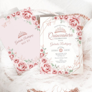 Convite Rosa Dourada Quinze Anos Floral