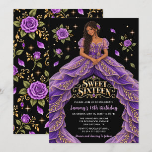 Convite Rosa Dourada Roxa Aniversário de Sweet Sixteen