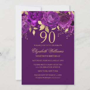 Convite Rosa Dourada Roxa Floral Aniversário de 90 Anos