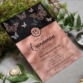 Convite Rosa Dourada Shimmer Butterfly Moderna Quinceañera