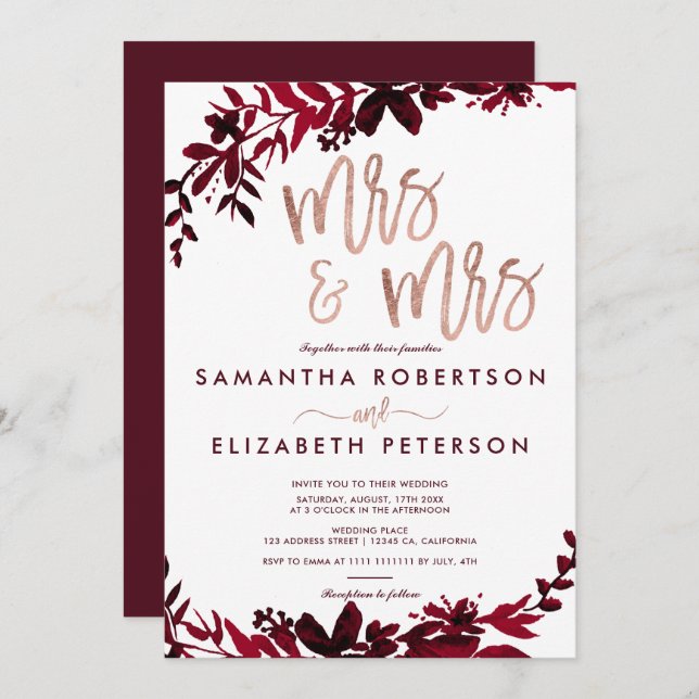 Convite Rosa dourada Tipografia Floral Red Lésbica (Frente/Verso)