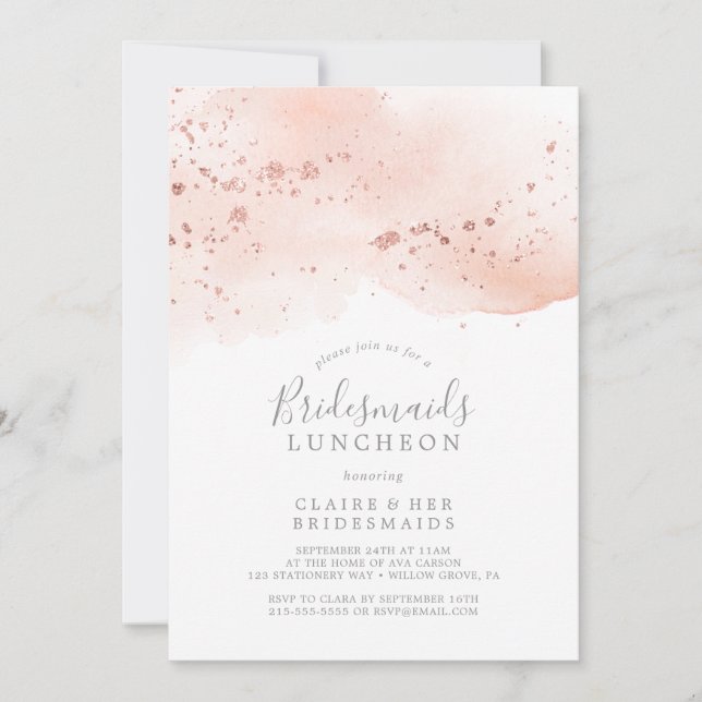 Convite Rosa Dourada Watercolor Bridesmaids Luncheids (Frente)