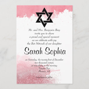Convite Rosa Dourada Watercolor Glitter Girl Bat Mitzvah