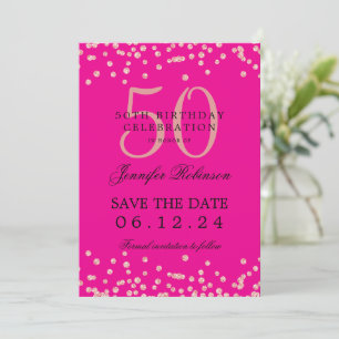 Convite Rosa Dourado 50 Data de Salvamento de Aniversário