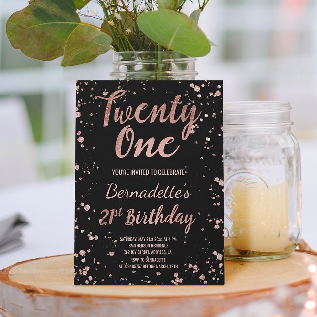 Convite Rosa dourado, aniversário de 21 anos de esplatters (Criador carregado)