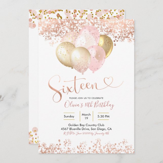 Convite Rosa Dourado Balão Rosa 16 Festa de aniversário (Frente/Verso)
