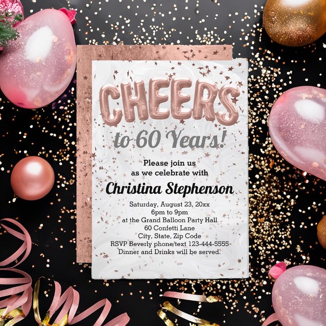 Convite Rosa Dourado Balão Saúde para 60 anos 60 anos Aniv (cheers to 60 years rose gold glitter 60th birthday party invitation for women)