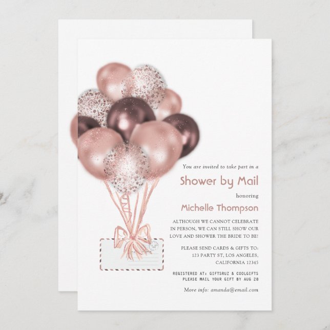 Convite Rosa Dourado Balloon Baby ou Chá de panela por Mai (Frente/Verso)