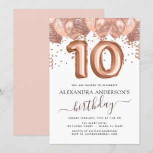 Convite Rosa Dourado Balões 10ª Festa de aniversário Co