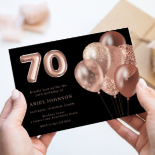 Convite Rosa Dourado Balões 70 Festa de aniversário preto