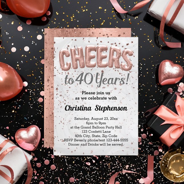 Convite Rosa Dourado Balões Anima 40 Anos aniversário de 4 (cheers to 40 years rose gold glitter 40th birthday party invitation for women)