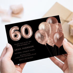 Convite Rosa Dourado Balões Pretos 60ª Festa de aniversári