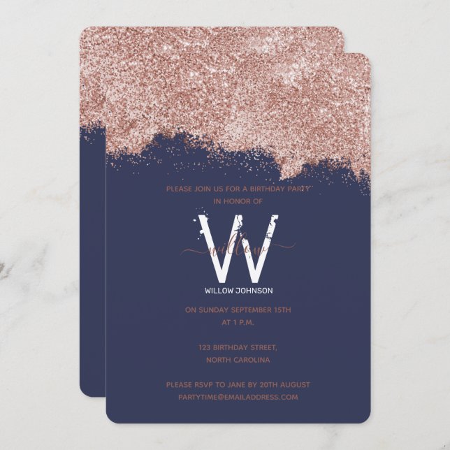 Convite Rosa Dourado Blue Girly Glitter A Qualquer Ano Ani (Frente/Verso)