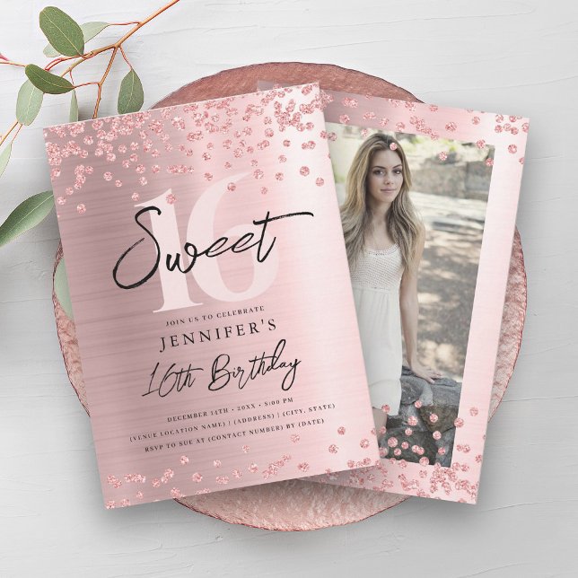 Convite Rosa Dourado Blush Glitter Foto do Doce 16 Partido (Rose Gold Blush Glitter Photo Sweet 16 Party Invitation)